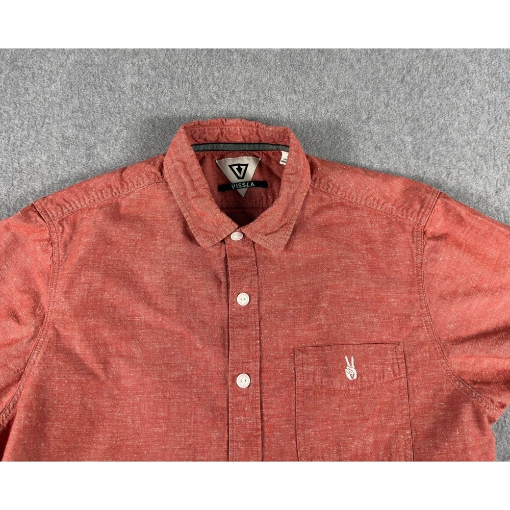 Vissla Shirt Mens Small Red Button Up Peace Skate Surf Short Sleeve Organic